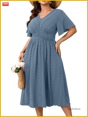 Plus Size Swiss Dot Maxi Dress V Neck Short Sleeve A-Line Swing Boho Summer